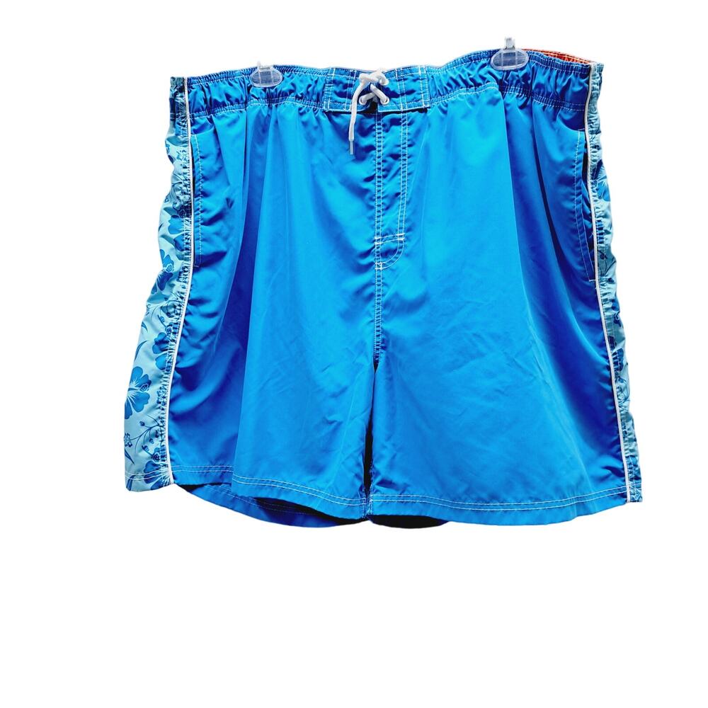 Faded Glory Blue Hibiscus print lined pockets drawstring Swim Trunks 3XL